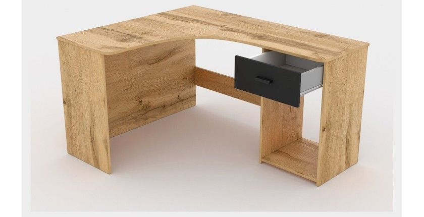Bureau d'angle design avec nombreux rangements collection LOUANE coloris chêne et noir.