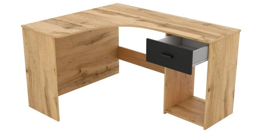Bureau d'angle design avec nombreux rangements collection LOUANE coloris chêne et noir.