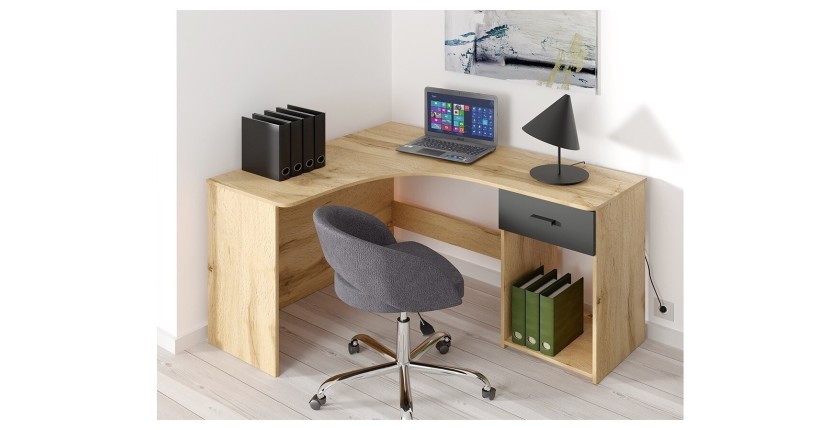 Bureau d'angle design avec nombreux rangements collection LOUANE coloris chêne et noir.