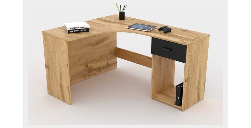 Bureau d'angle design avec nombreux rangements collection LOUANE coloris chêne et noir.