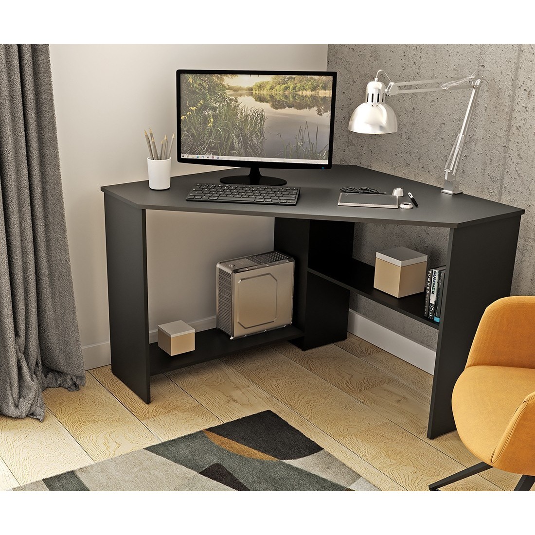 Bureau d’angle design KARO noir mat – Compact et fonctionnel