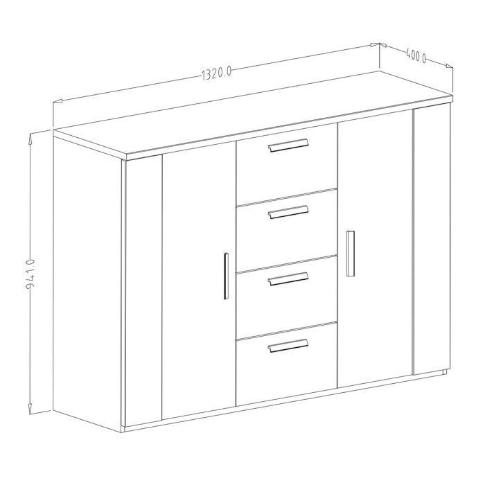 Commode design 2 portes et 4 tiroirs 130cm. Collection FOX coloris chêne foncé et noir.
