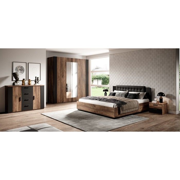 Commode design 2 portes et 4 tiroirs 130cm. Collection FOX coloris chêne foncé et noir.