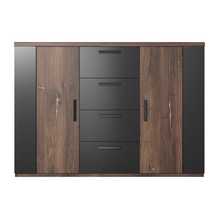 Commode design 2 portes et 4 tiroirs 130cm. Collection FOX coloris chêne foncé et noir.
