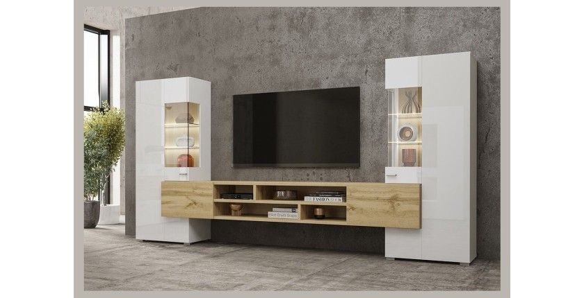 Ensemble de 3 meubles de salon collection KOBEE. Couleur blanc et chêne.