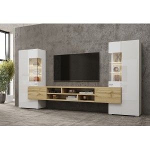 Ensemble de 3 meubles de salon collection KOBEE. Couleur blanc et chêne.