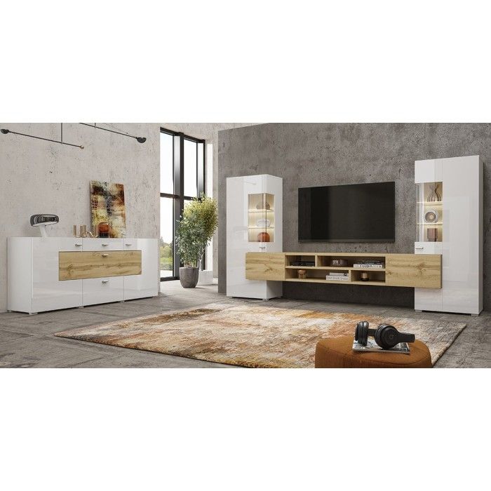 Ensemble de 3 meubles de salon collection KOBEE. Couleur blanc et chêne.
