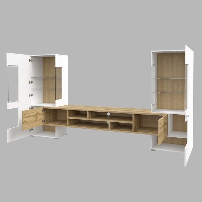 Ensemble de 3 meubles de salon collection KOBEE. Couleur blanc et chêne.