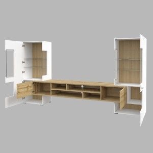 Ensemble de 3 meubles de salon collection KOBEE. Couleur blanc et chêne.