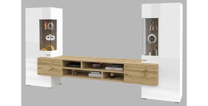 Ensemble de 3 meubles de salon collection KOBEE. Couleur blanc et chêne.