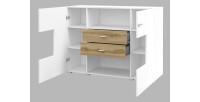 Buffet petit modèle 120cm collection KOBEE 2 portes et 2 tiroirs. Couleur blanc et chêne.