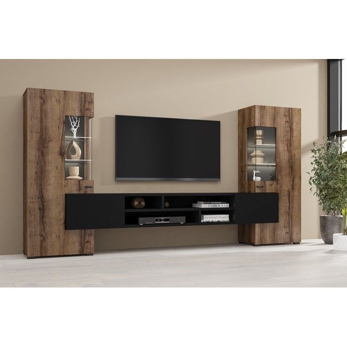 Ensemble de 3 meubles de salon collection KOBEE. Couleur chêne foncé et noir.