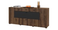 Buffet 165cm collection KOBEE 3 portes et 2 tiroirs. Couleur chêne foncé et noir.
