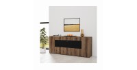Buffet 165cm collection KOBEE 3 portes et 2 tiroirs. Couleur chêne foncé et noir.