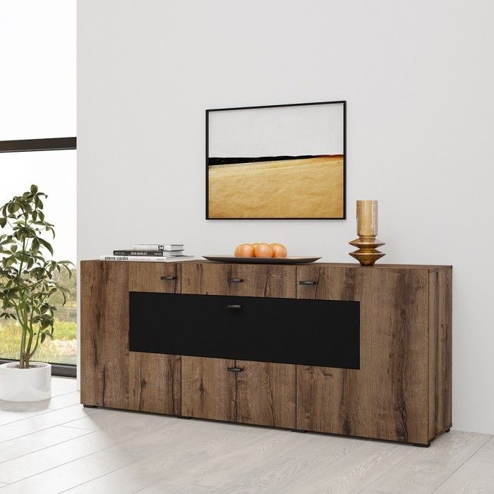 Buffet 165cm collection KOBEE 3 portes et 2 tiroirs. Couleur chêne foncé et noir.