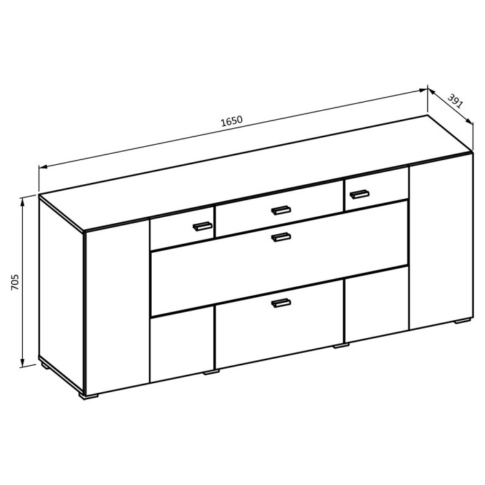 Buffet 165cm collection KOBEE 3 portes et 2 tiroirs. Couleur chêne foncé et noir.