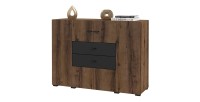 Buffet petit modèle 120cm collection KOBEE 2 portes et 2 tiroirs. Couleur chêne foncé et noir.