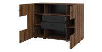 Buffet petit modèle 120cm collection KOBEE 2 portes et 2 tiroirs. Couleur chêne foncé et noir.