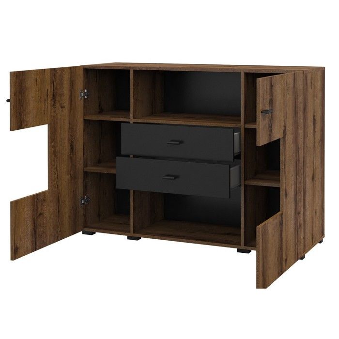 Buffet petit modèle 120cm collection KOBEE 2 portes et 2 tiroirs. Couleur chêne foncé et noir.