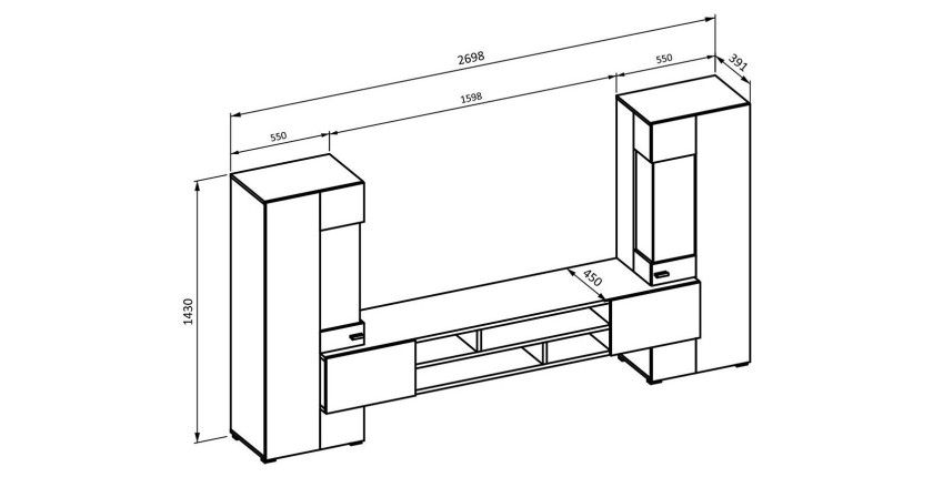 Ensemble de 3 meubles de salon collection KOBEE. Couleur noir et chêne.