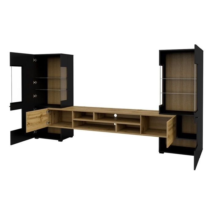 Ensemble de 3 meubles de salon collection KOBEE. Couleur noir et chêne.