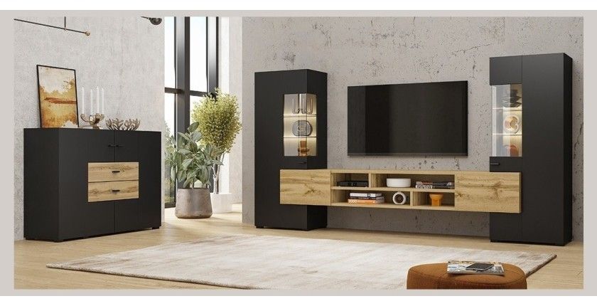 Ensemble de 3 meubles de salon collection KOBEE. Couleur noir et chêne.