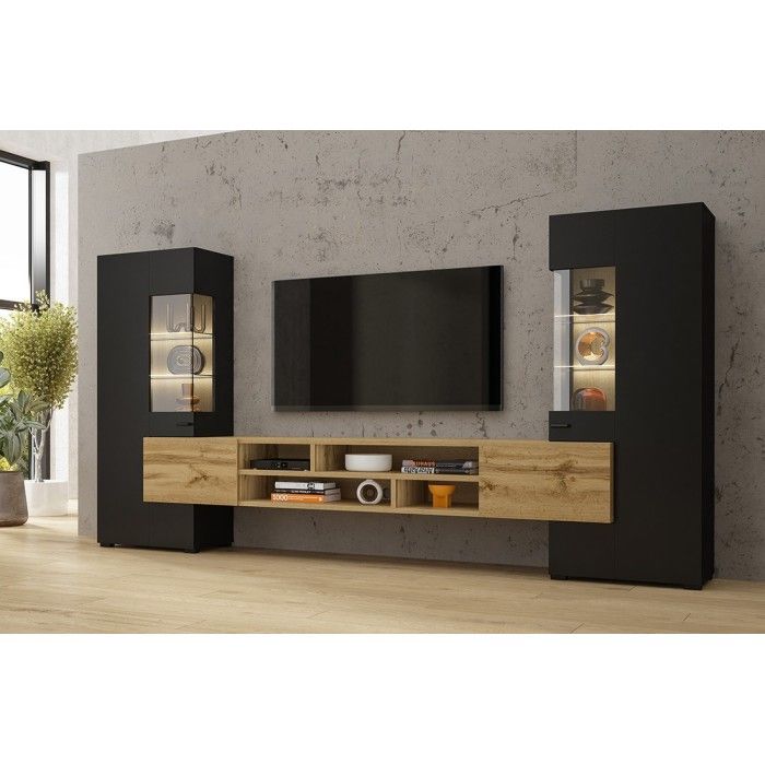 Ensemble de 3 meubles de salon collection KOBEE. Couleur noir et chêne.