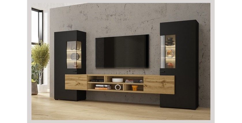 Ensemble de 3 meubles de salon collection KOBEE. Couleur noir et chêne.