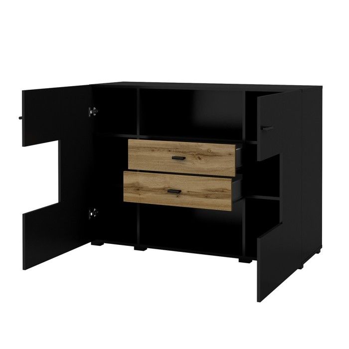 Buffet petit modèle 120cm collection KOBEE 2 portes et 2 tiroirs. Couleur noiret chêne.