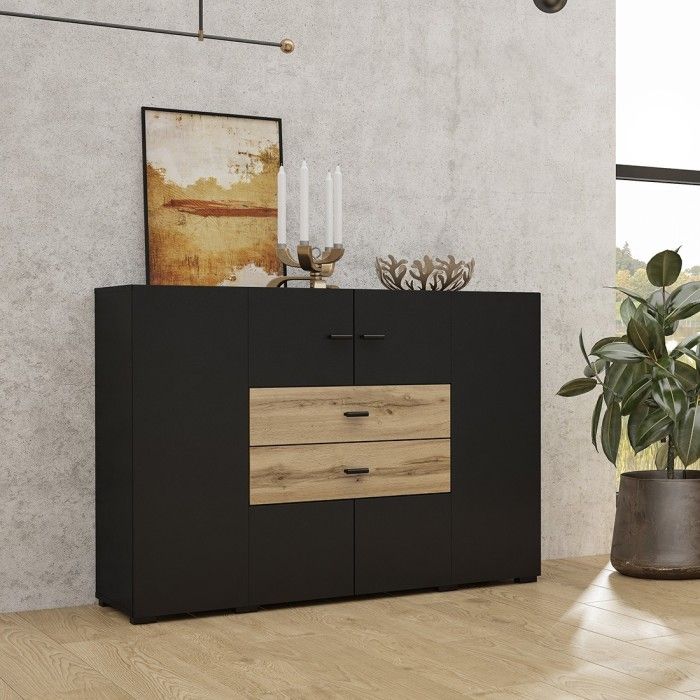 Buffet petit modèle 120cm collection KOBEE 2 portes et 2 tiroirs. Couleur noiret chêne.