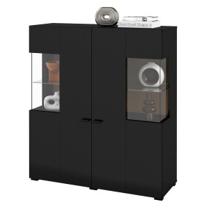 Buffet haut collection KOBEE 2 portes vitrées avec LED intégrée. Couleur noir et chêne.