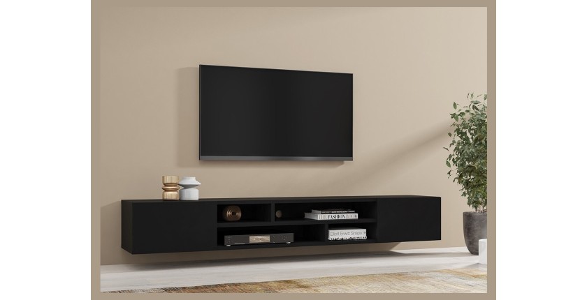 Meuble TV 210cm couleur noir collection KOBEE. Meuble à poser ou à suspendre.