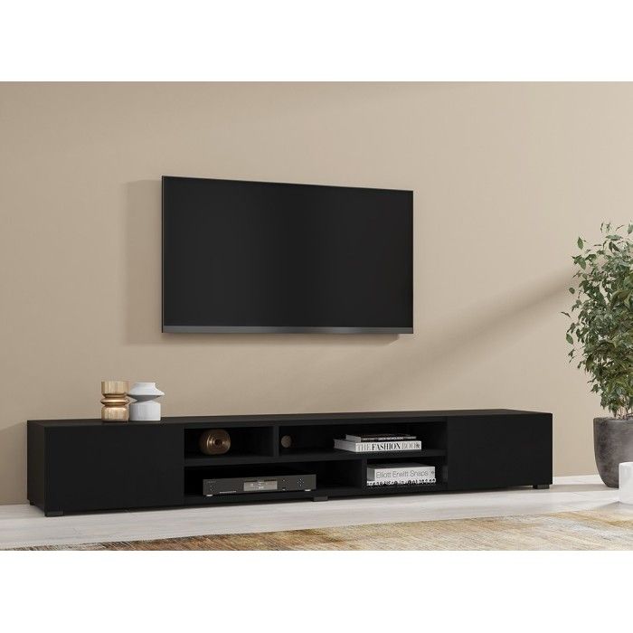 Meuble TV 210cm couleur noir collection KOBEE. Meuble à poser ou à suspendre.