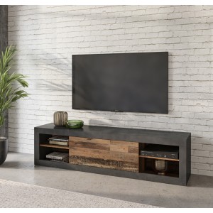 Meuble TV 180cm couleur chêne foncé et noir mat collection ONYXIA.