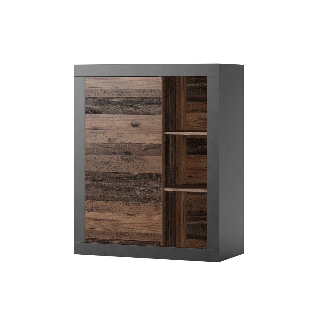 Bibliothèque design petit modèle avec une porte et niches apparentes coloris chêne foncé et noir mat collection ONYXIA.