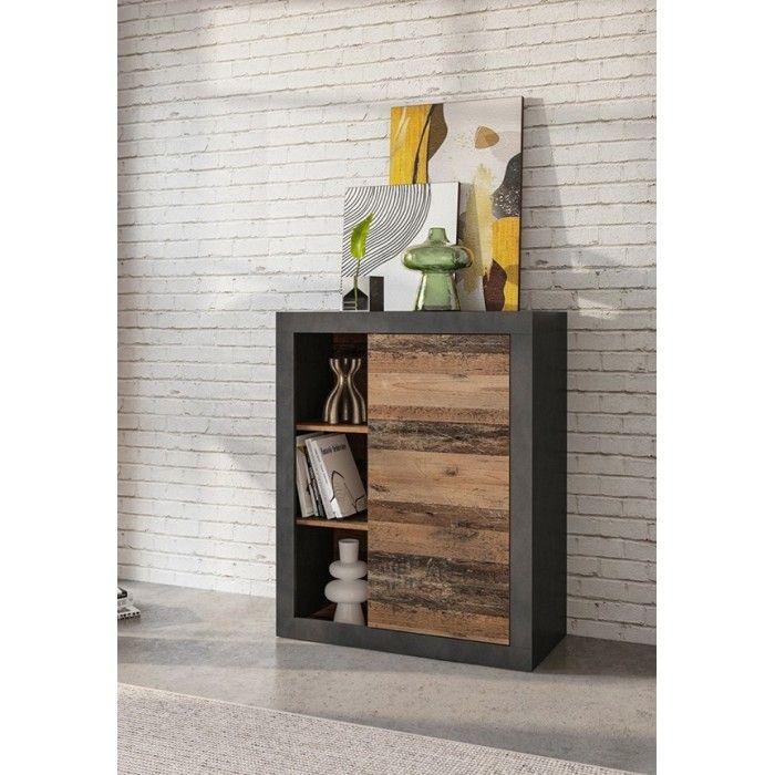 Bibliothèque design petit modèle avec une porte et niches apparentes coloris chêne foncé et noir mat collection ONYXIA.