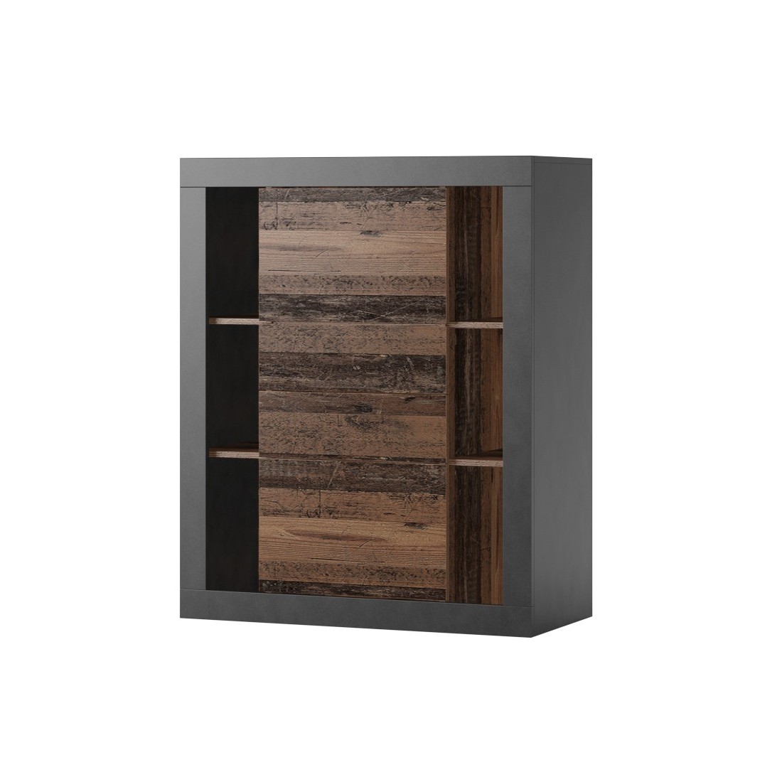 Bibliothèque design avec de nombreux rangements coloris chêne foncé et noir mat collection ONYXIA.