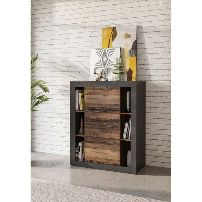 Bibliothèque design avec de nombreux rangements coloris chêne foncé et noir mat collection ONYXIA.