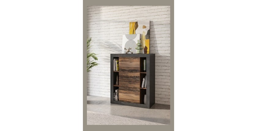 Bibliothèque design avec de nombreux rangements coloris chêne foncé et noir mat collection ONYXIA.