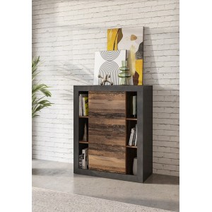 Bibliothèque design avec de nombreux rangements coloris chêne foncé et noir mat collection ONYXIA.