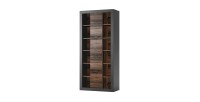 Bibliothèque design avec une grande porte centrale et nombreuses niches coloris chêne foncé et noir mat collection ONYXIA.