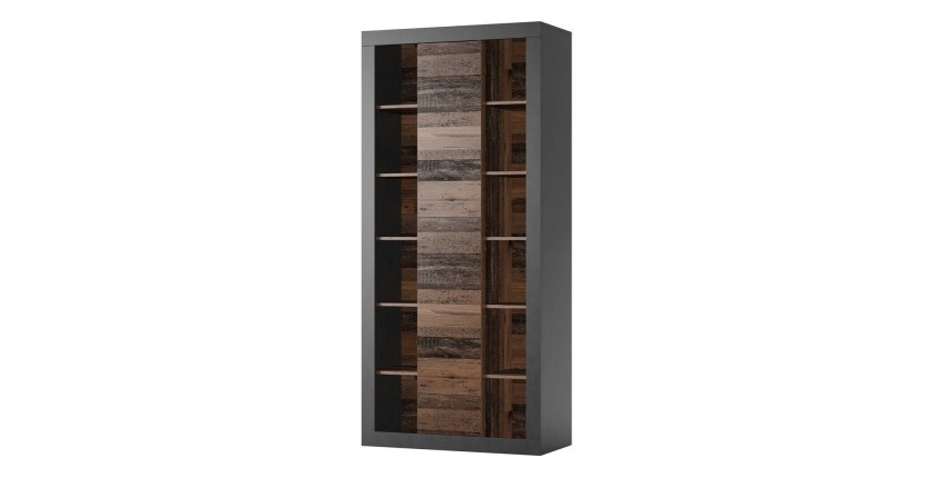 Bibliothèque design avec une grande porte centrale et nombreuses niches coloris chêne foncé et noir mat collection ONYXIA.