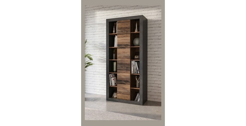 Bibliothèque design avec une grande porte centrale et nombreuses niches coloris chêne foncé et noir mat collection ONYXIA.