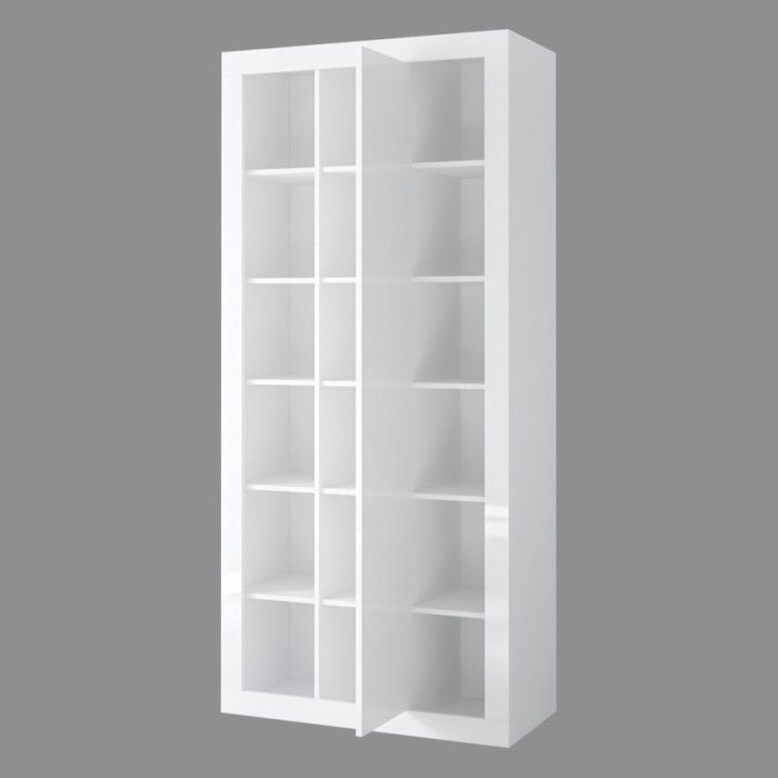Bibliothèque design avec une grande porte centrale et nombreuses niches coloris chêne foncé et noir mat collection ONYXIA.