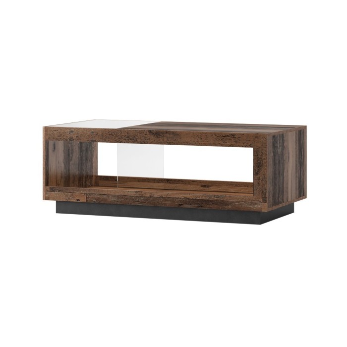 Table basse design collection ONYXIA avec plateau en parti vitré. Couleur chêne foncé et noir mat.