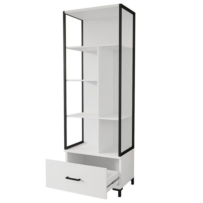 Bibliothèque design avec de nombreux rangements coloris blanc et noir collection JAINA.