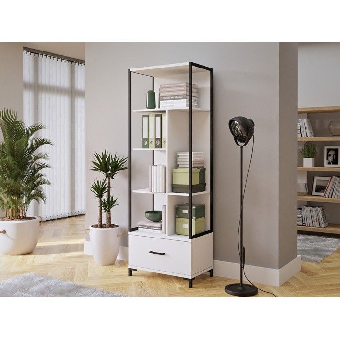 Bibliothèque design avec de nombreux rangements coloris blanc et noir collection JAINA.