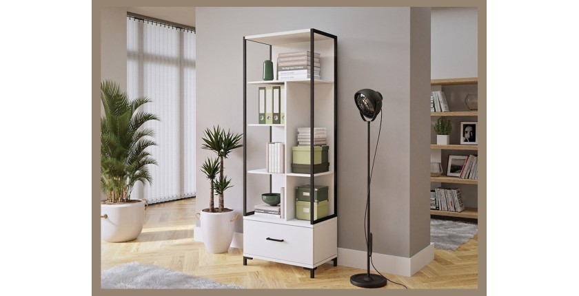 Bibliothèque design avec de nombreux rangements coloris blanc et noir collection JAINA.