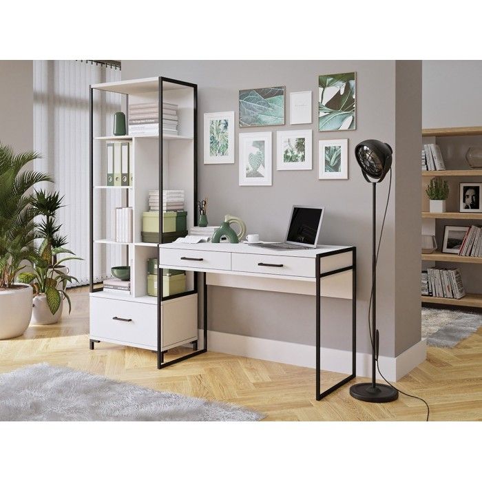 Bibliothèque design avec de nombreux rangements coloris blanc et noir collection JAINA.