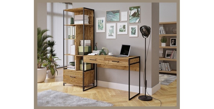 Bureau console avec 2 tiroirs collection JAINA coloris chêne et noir